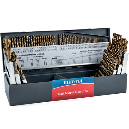 HIDOTOL 115PCS Cobalt Drill Bit Set M35 HSS for Hardened Steel Fractional 1/16"-1/2", Letter A - Z, Wire #1 - #60 with Indexed Metal Case