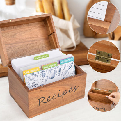 Icepark Acacia Wood Recipe Box (4x6), Custom Design Recipe Cards, 15 Multi-Color Labeled Dividers, 100 Waterproof Protectors, Magnetic Lid, Kitchen Recipe Organizer