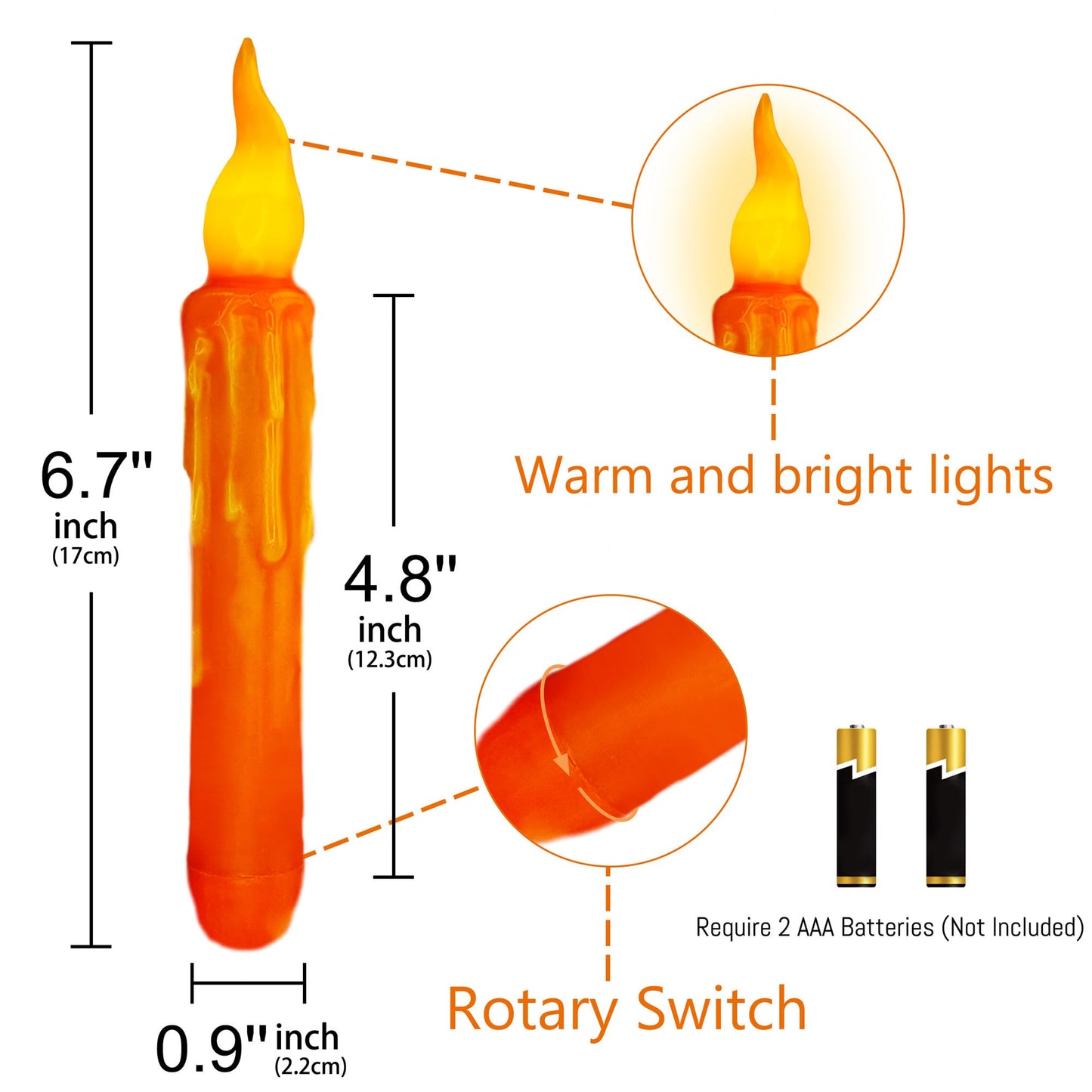 Gedengni 4pcs Orange Real Wax LED Tapered Candles, Battery Operated, Remote Controlled, 6inches, Perfect for Weddings, Decorations, Emergency Use