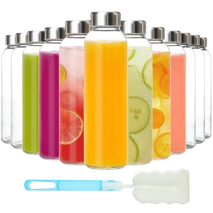 KEYWING 12Pack Glass Juice Bottles with Lids, 18oz Clear Juicing Bottle with Reusable Glass, Leak Proof Water Bottles with Airtight Stainless Steel Cap for Juice, Coffee, Beverage, Smoothies, Tea