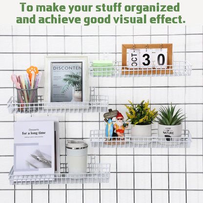 Blulu 4 Pcs 15.75 x 5.91 x 1.97 Inch Metal Grid Wall Baskets with Hooks Grid Wall Shelves Hanging Wire Basket Multi Function Storage Organizer for Kitchen Organizing Display (White)