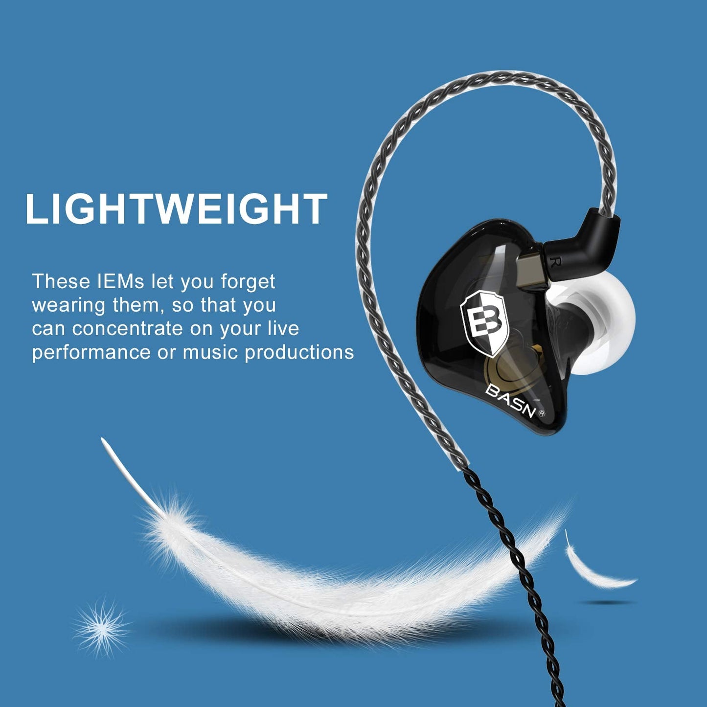 BASN Bsinger BC100 in Ear Monitor Headphones Universal Fit Noise Isolating IEM Earphones for Musicians Singers Studio Audiophiles (Black)