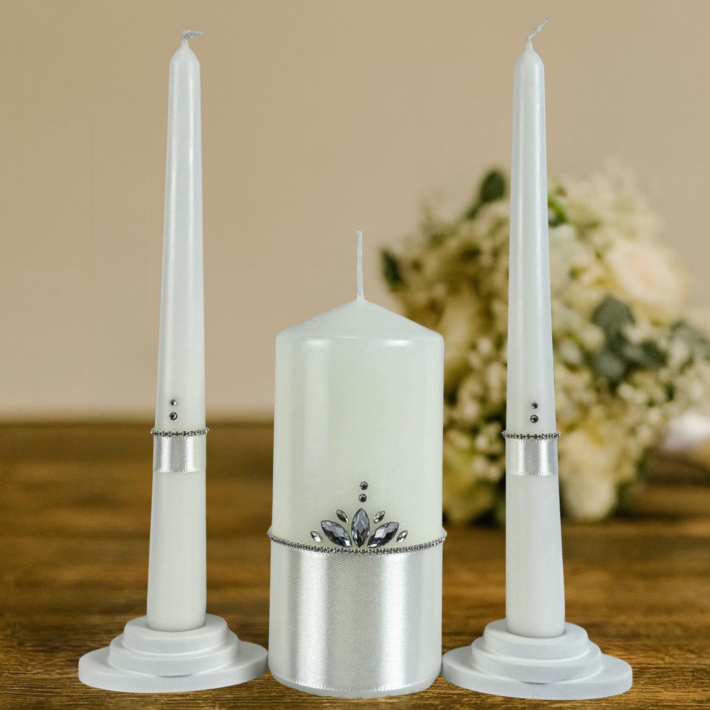 Magik Life Unity Candle Set - Wedding Ceremony & Reception Candle – 6” Pillar & Two 10” Taper Candles – Long Burning Unity Candles for Marriage Ritual – Handmade in USA –White |Classic|Crown