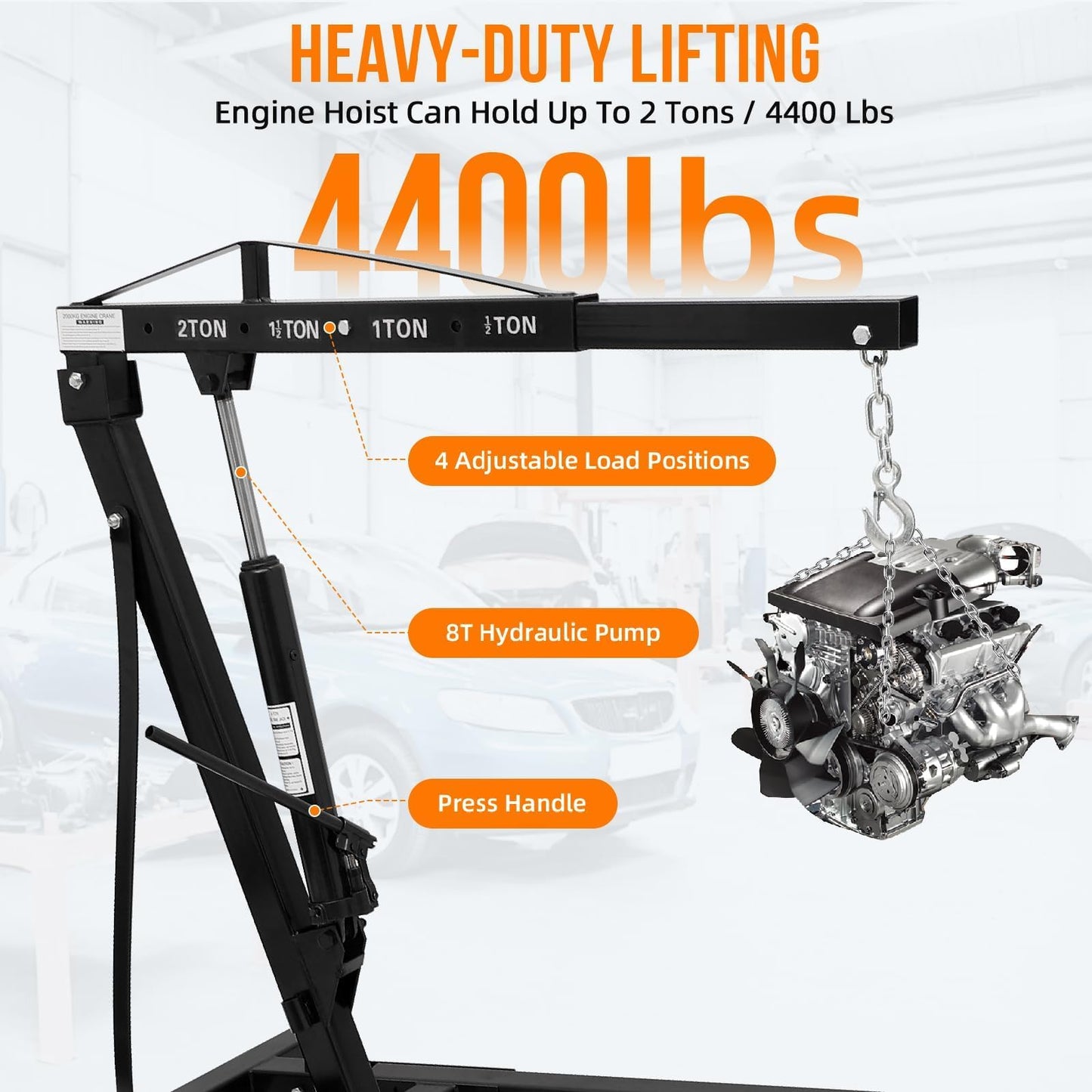 Hydraulic Engine Hoist 2 Ton, Cherry Picker Shop Crane with 6 Casters and Telescopic Boom, 4400 Lbs Heavy Duty Engine Hoist Crane Lift for Garage, Workshop, Automotive Repair, Black