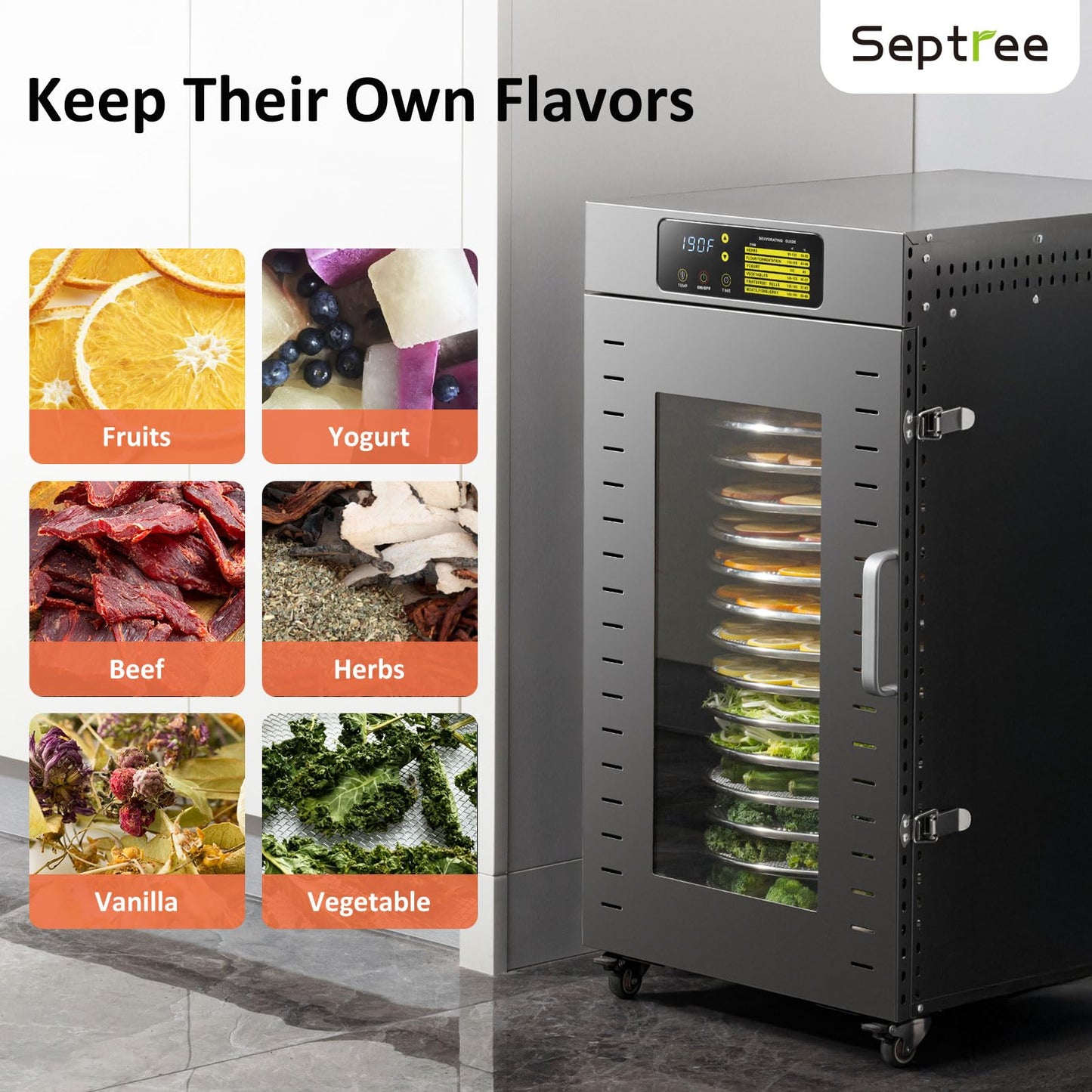 Septree 360 Rotating Dehydrator 16 Trays, Commercial Large Capacity Auto-Rotate Food Dryer Machine with Timer, for Beef Jerky Herbs Dog Treats, 1500W Fast Drying Industrial Dehydrater Stainless Steel