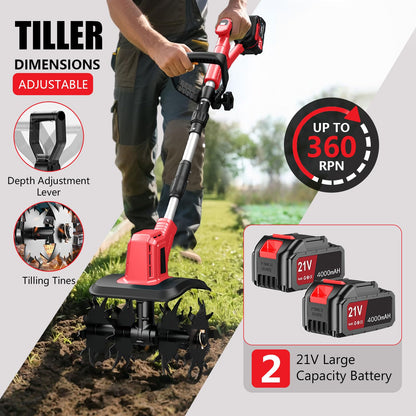 21V Electric Cordless Tiller Cultivator, 360RPM Garden Tiller with 2 x 4.0Ah Batteries Charger, 12In Tilling Width & 8In Depth Garden Rototiller for Lawn, Gardening, Soil Cultivation (RED-1)