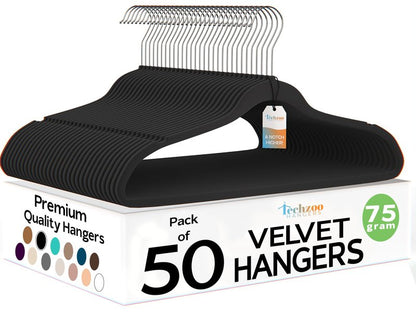 Techzoo 50 Pack New Premium Quality Velvet Hangers Ultra Thin Non Slip Adult Felt Space Saving Hangers for Closet Heavy Duty Coat Pants Jackets Dress Hangers 360° Swivel Hook Hold Upto 10 lbs Black