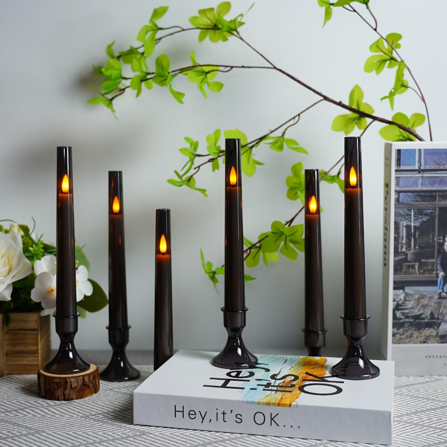 Lezonic Flameless Windows Candles Battery Operated with Timer Remote, 6Pcs Grey Acrylic Flameless Candlesticks with Holders, LED Taper Candles Flickering for Halloween Christmas, 0.8 x 8 inches