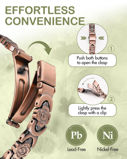 Feraco Pure Copper Bracelets for Women, Ultra Strength Magnetic Bracelet for Women with 3800 Gauss Magnet, Adjustable Flower Real Copper Jewelry Gift with Infinite Rose-Engraved (Copper)