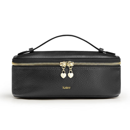Kattee Makeup Bag for Women, Leather Cosmetic Bag, Working Makeup Bags for Ladies with Handles, Portable Travel Toiletry Bag,Black