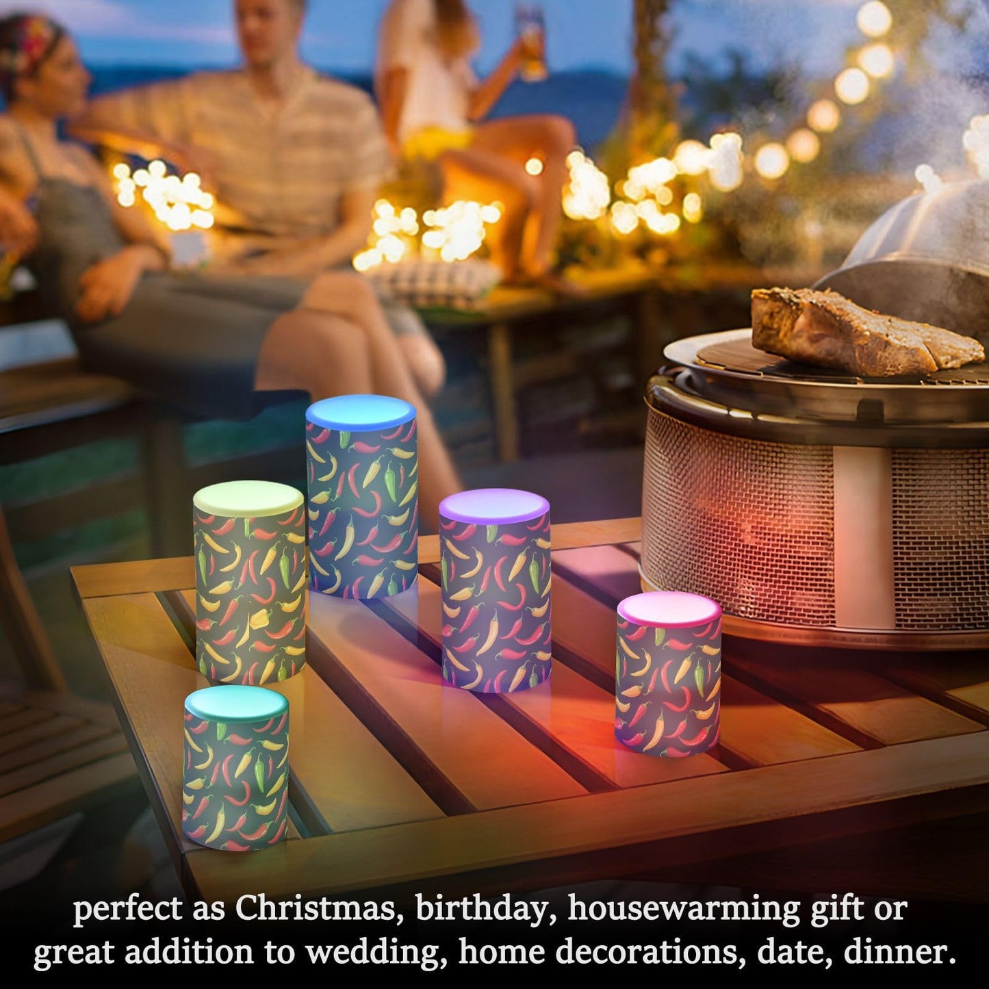 Pigsaly Flameless Candles Battery Operated Spicy Vegetables Hot Pepper Chilli Flickering Led Pillar Candles with Remote Control Colour Changing Warm Light Candles for Halloween Christmas Wedding