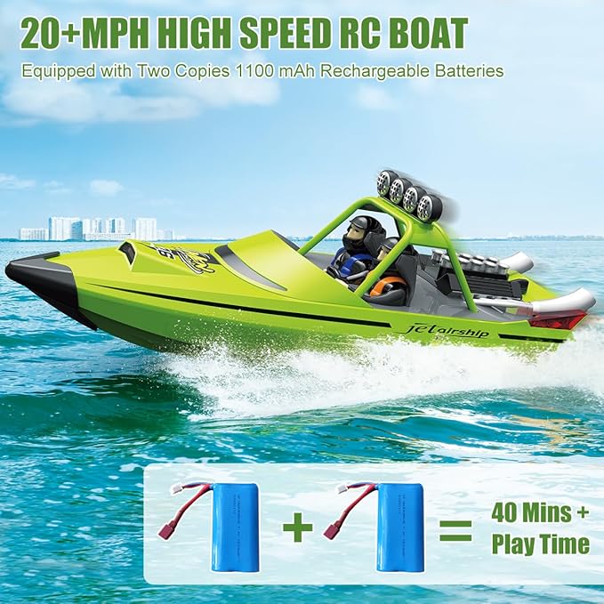 RC Boat for Kids Adults 2.4GHz Remote Control Boats with LED Light for Pool Lakes Water 20MPH Fast Speed Racing Jet Boat Boat Toy for Boys Girls 2 Rechargeable Batteries 40+ Mins Green
