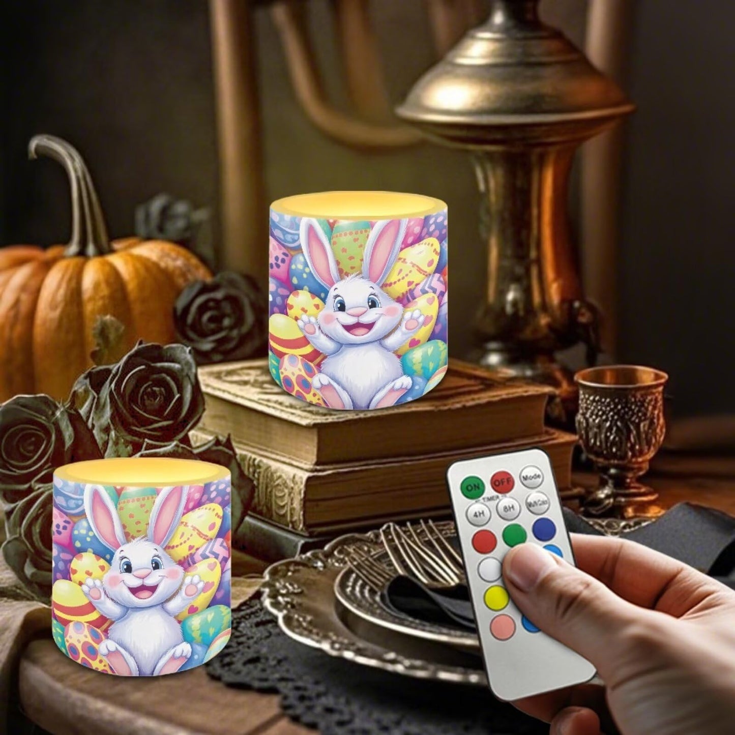 Merkmak 4 Pack Easter Day Flickering Flameless Candles with Timers Battery Operated LED Candles with Remote Tea Lights for Party Decorations, Cartoon Easter Egg Bunny
