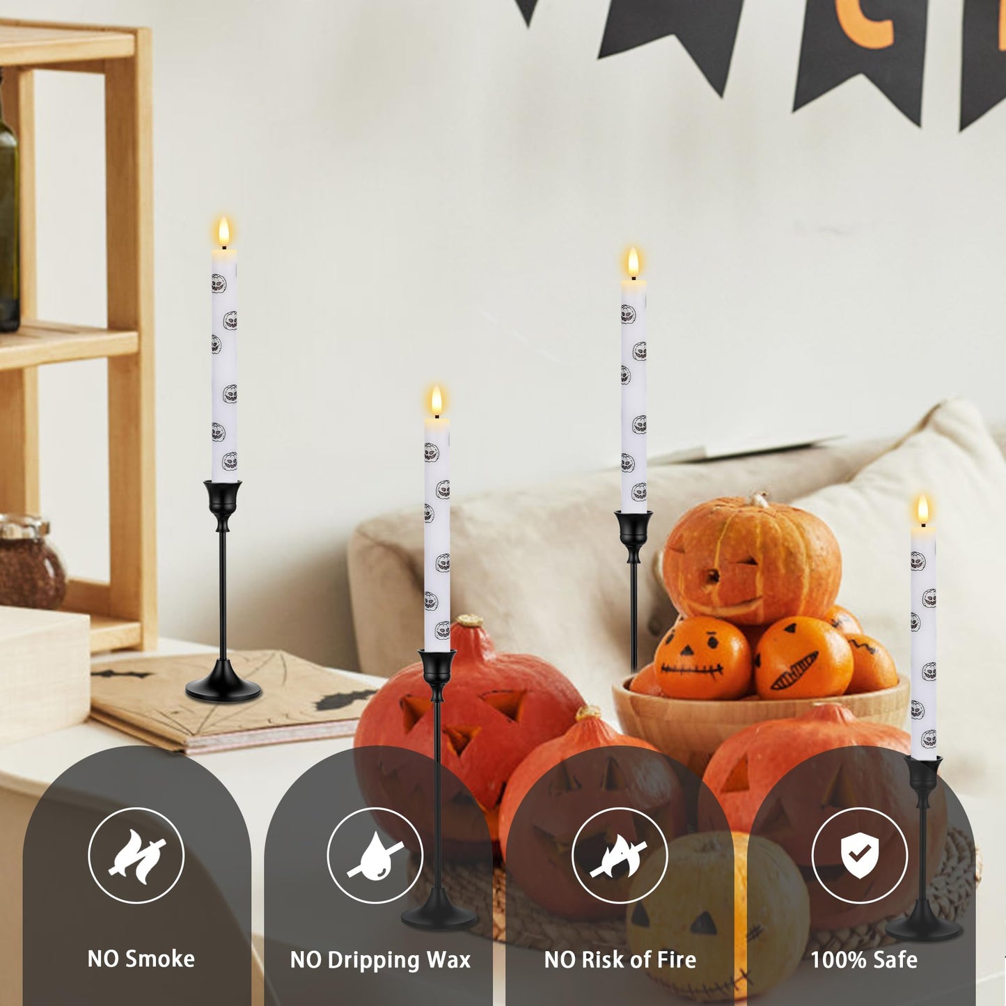 SEHNSY Halloween LED Flameless Taper Candles with Remote and Timer, 4 Pack Battery Operated Real Wax Candles with Glow in The Dark Pumpkin Face Stickers for Halloween Table Party Decor