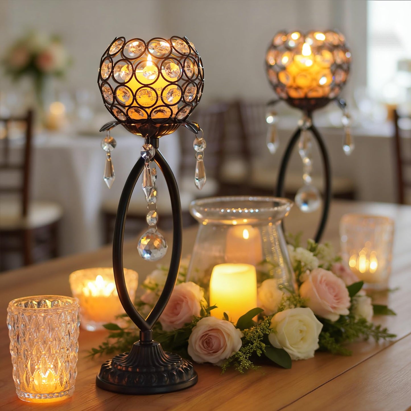 kehail 2 Pcs Elegant Metal Crystal Tea Light Candle Holders with Crystal Pendants, Hollow Design - Wedding Table Centerpieces for Anniversary Birthday Party, Home Decor (2, Black)