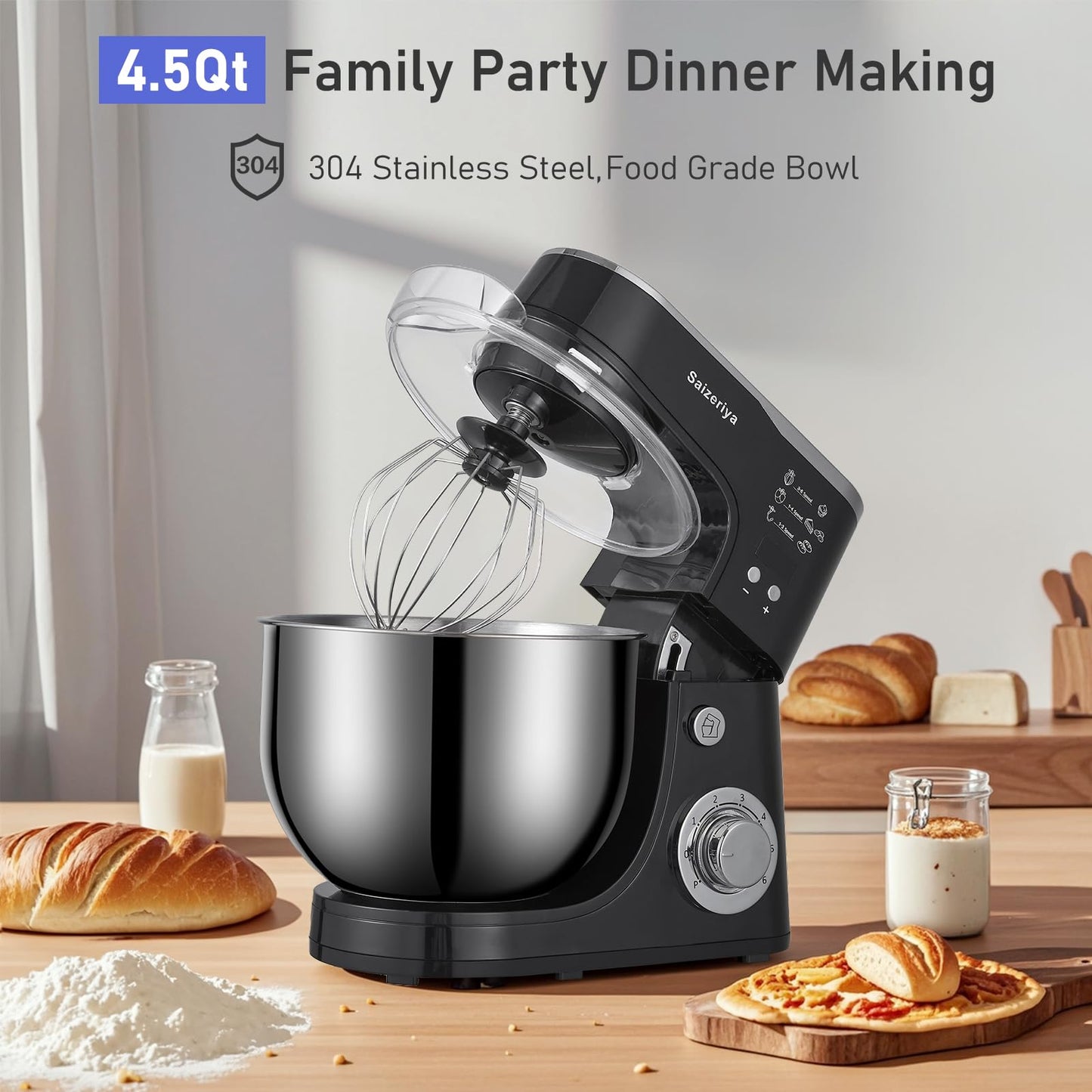 Electric Stand Mixer, 4.5QT 6-Speeds Electric Food Cake Mixer, 800W Dough Mixer Tilt-Head Electric Stand Up Mixer with Stainless Steel Bowl, Dough Hook, Mixing Beater and Whisk, Splash Guard, Black
