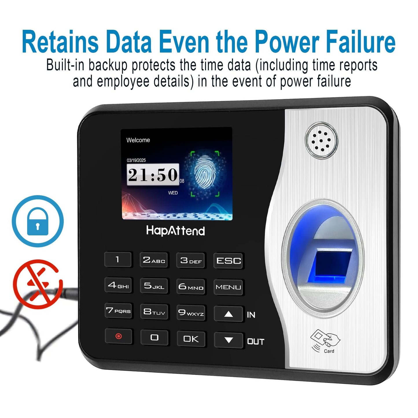 HapAttend Time Clocks Bundle with 15 RFID Cards, 0 Monthly Fees Standalone Biometric Time Attendance Punch Machine with Fingerprint, RFID and PIN - H3