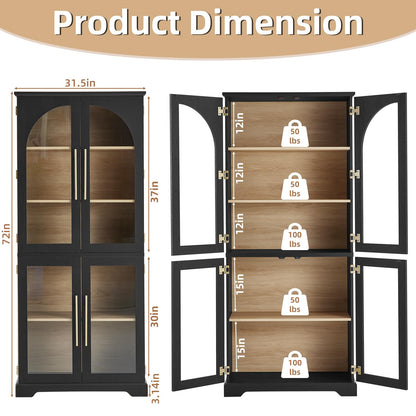 Joaxswe 72" Tall Bookshelf with 4 Curved Glass Doors, Farmhouse Bookcase with 3-Tier Adjustable Shelves, Modern Living Room Display Cabinet, Large Storage Cabinet for Home Office,Dining Room, Black