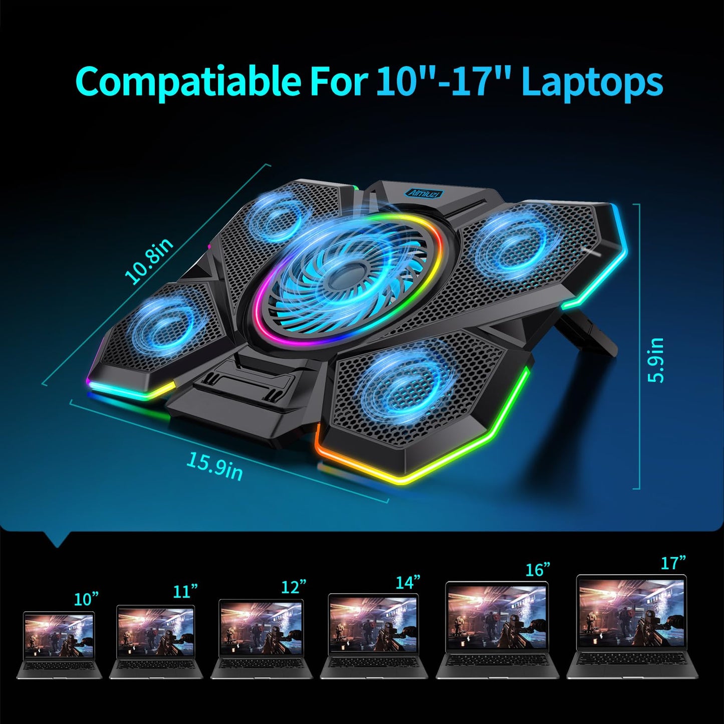 AIMIUZI Laptop Cooling Pad, Gaming Laptop Cooler with 5 Quiet Fans and LED Lights (One-Click Close), Laptop Fan Cooling Pad Fits 12-17 Inch Laptop, 7 Adjustable Height