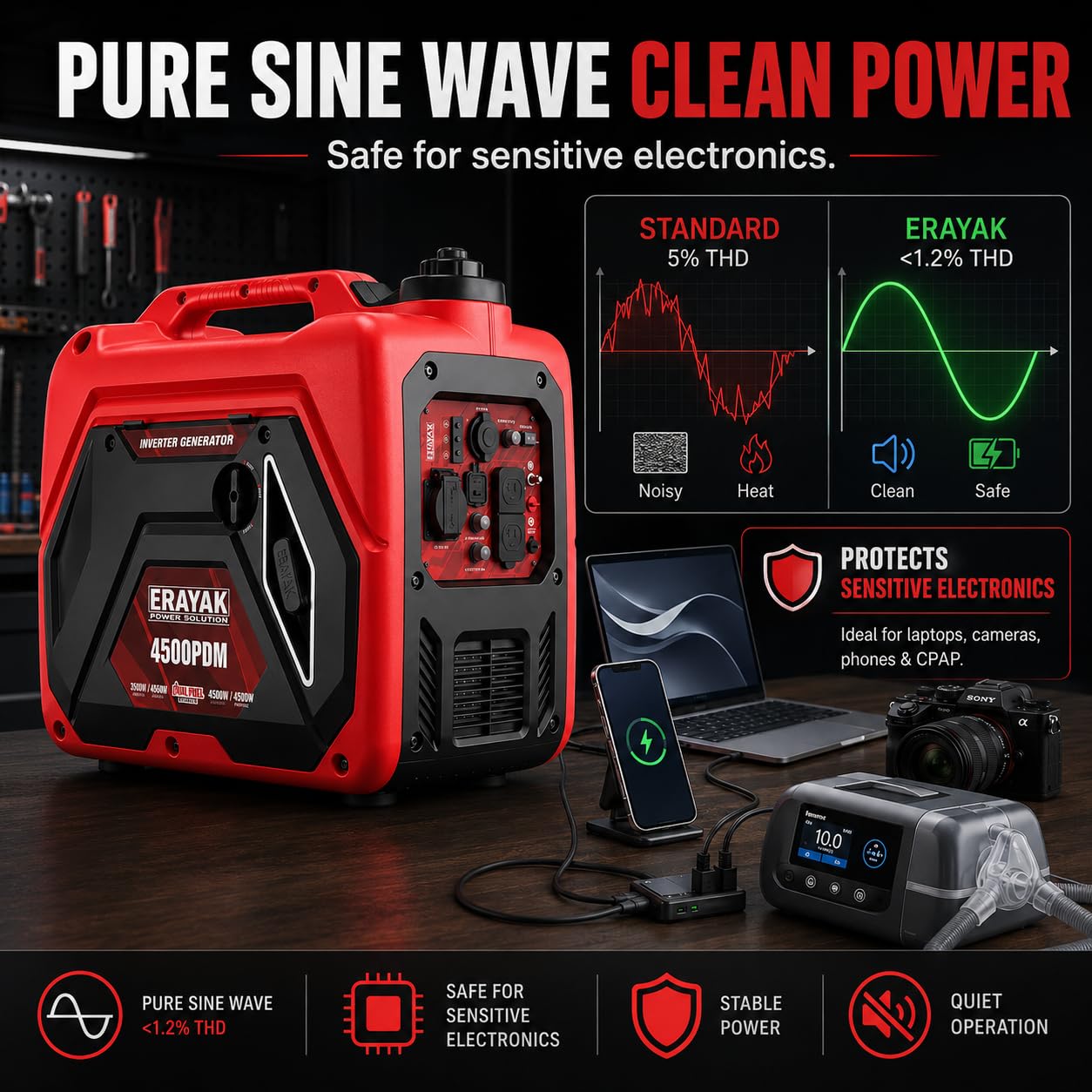 ERAYAK 4500W Dual-Fuel Portable Inverter Generator for Home Use, Camping Outdoor, 30A RV Ready, Auto Switch, Gas and Propane Powered, EPA, CO Sensor, Parallel Ready, Campact Design