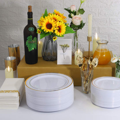 I00000 102 Pieces Gold Plastic Plates, Disposable Party Plates White Gold Rim, 51 Disposable Gold Dinner Plates 10.25 Inch and 51 Disposable Dessert Appetizer Elegant Fancy Wedding Plates 7.5 Inch