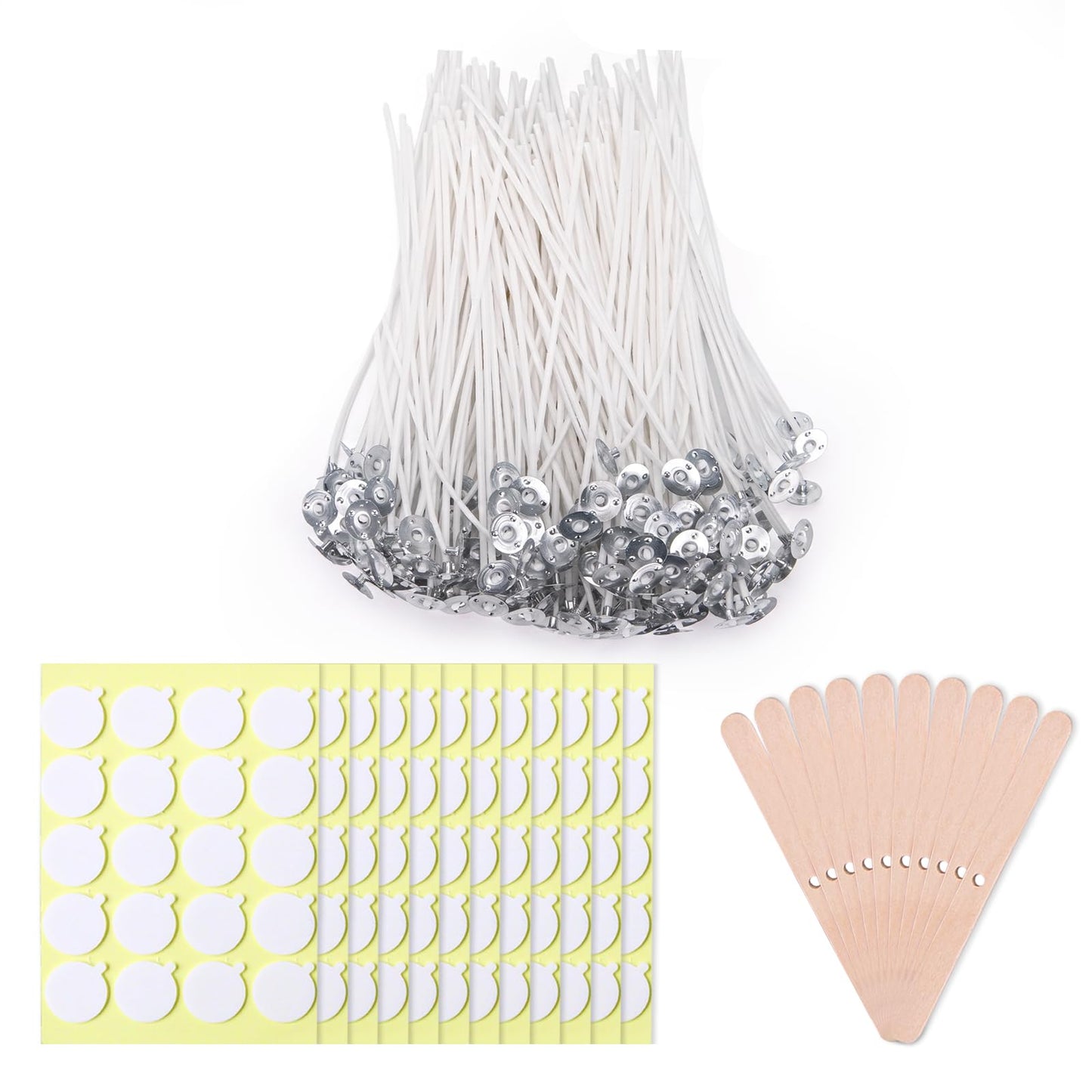 Aubeco 240Pcs 6 Inch Pre Waxed Candle Wick with 240Pcs Wick Stickers and 10Pcs Candle Wick Holders, Bulk Cotton Candle Wicks for Candle Making, Soy Wax