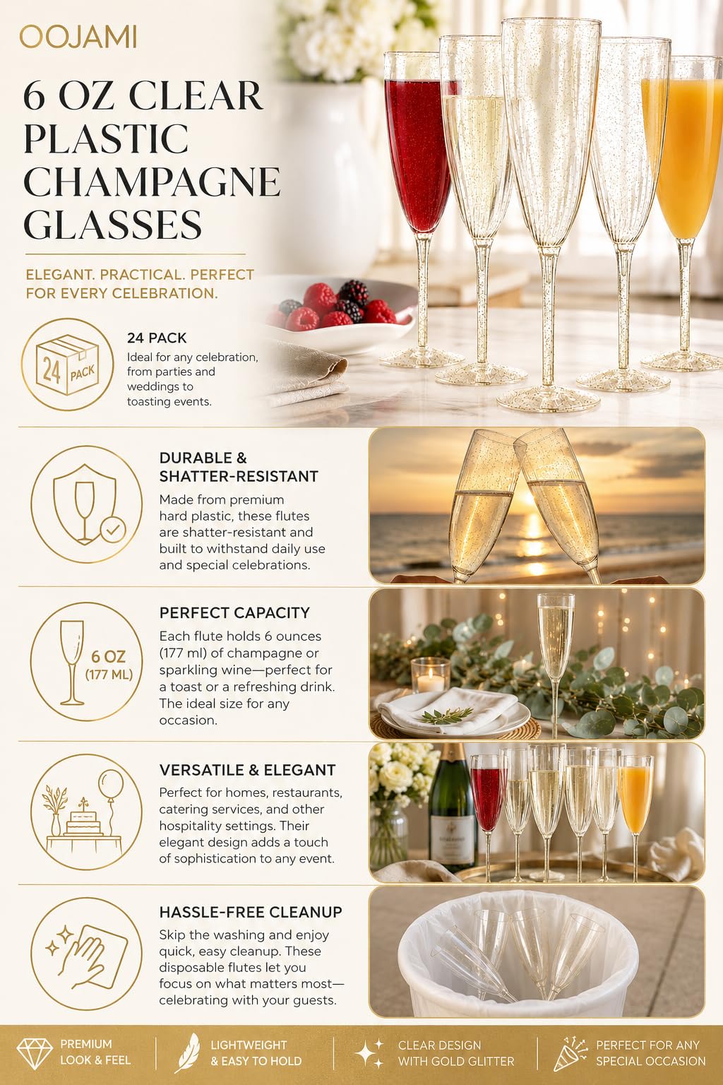 Oojami 24 Pack Plastic Champagne Flutes 6 Oz Gold Glitter, Shatterproof Heavy Duty Disposable Champagne Flutes Glasses, BPA-Free Recyclable Mimosa Glasses Bulk for Wedding Bridal Shower Birthday Party