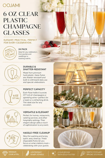 Oojami 24 Pack Plastic Champagne Flutes 6 Oz Gold Glitter, Shatterproof Heavy Duty Disposable Champagne Flutes Glasses, BPA-Free Recyclable Mimosa Glasses Bulk for Wedding Bridal Shower Birthday Party