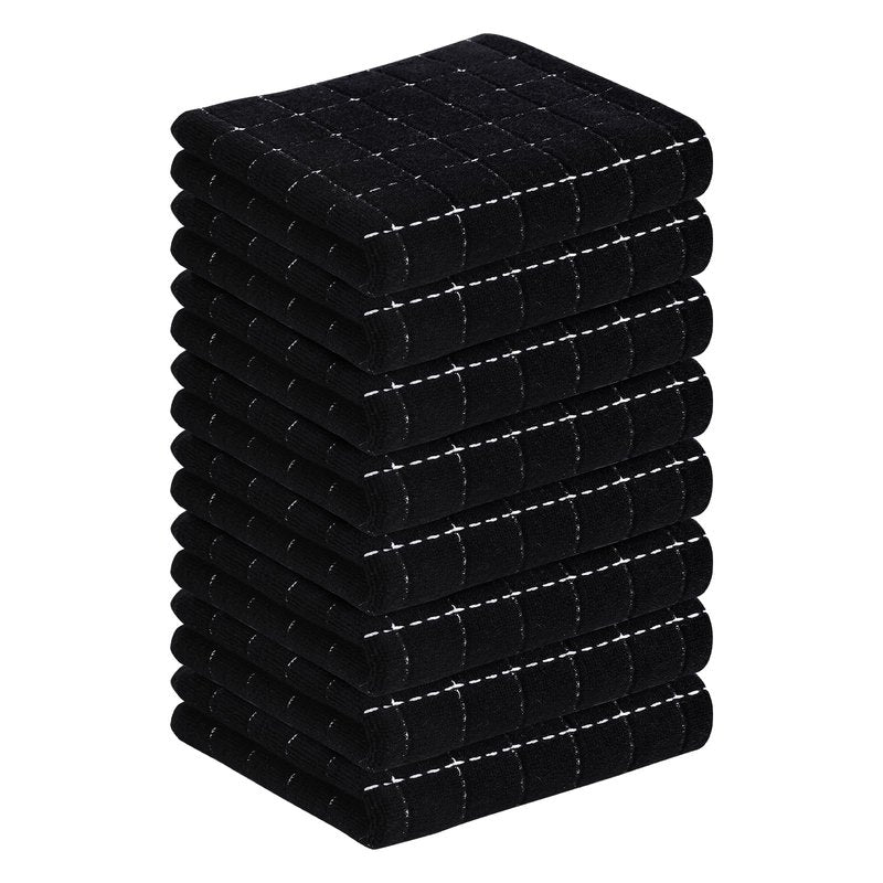 Homaxy 100% Cotton Terry Kitchen Towels(Black, 13 x 28 inches), Checkered Designed, Soft and Super Absorbent Dish Towels, 8 Pack