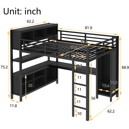 Queen Loft Bed with Wardrobe and Storage Cubes, Queen Size Loft Bed with Desk, Storage Shelf and Guardrail, Queen Size Loft Bed for Adults, Teens, Kids, Black