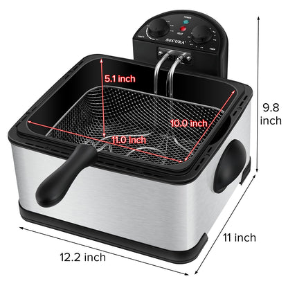 Secura 1700-Watt Stainless-Steel Triple Basket Electric Deep Fryer with Timer Free Extra Odor Filter, 4L/17-Cup, Red