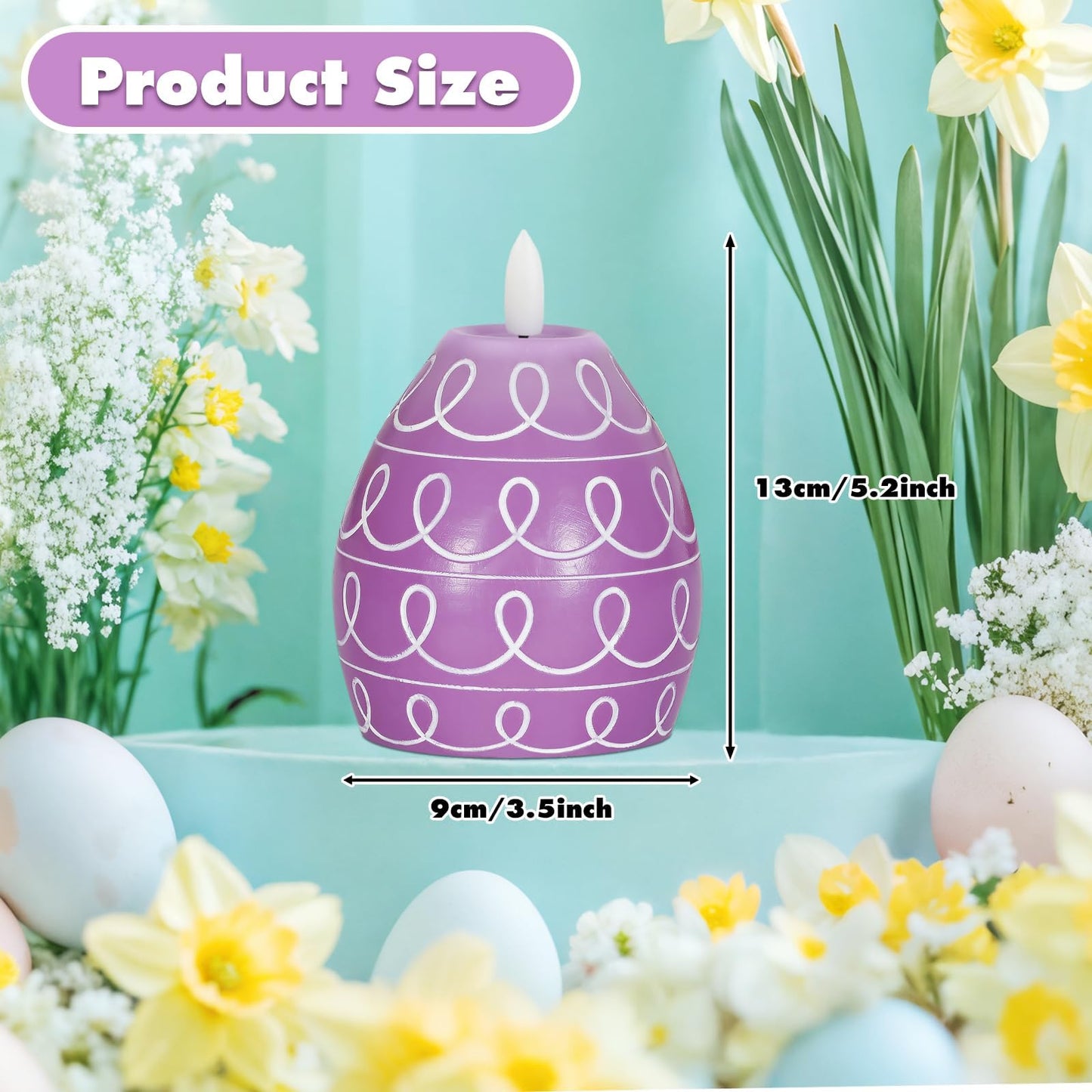 Leorate 3PCS Easter Egg Flameless Candles – 5.2" Battery Operated LED Egg Candles with White Wave Pattern, Green Purple Pink Real Wax Finish, Flickering Flame for Easter Table Centerpiece Spring Home