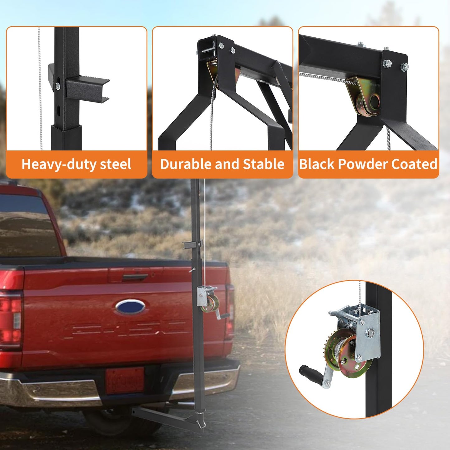EliteEdge 500 LBS Hitch-Mount Deer Hoist with Winch & Gambrel, 360° Swivel Adjustable Height Heavy-Duty Game Hoist for Skinning, Butchering, Field Dressing
