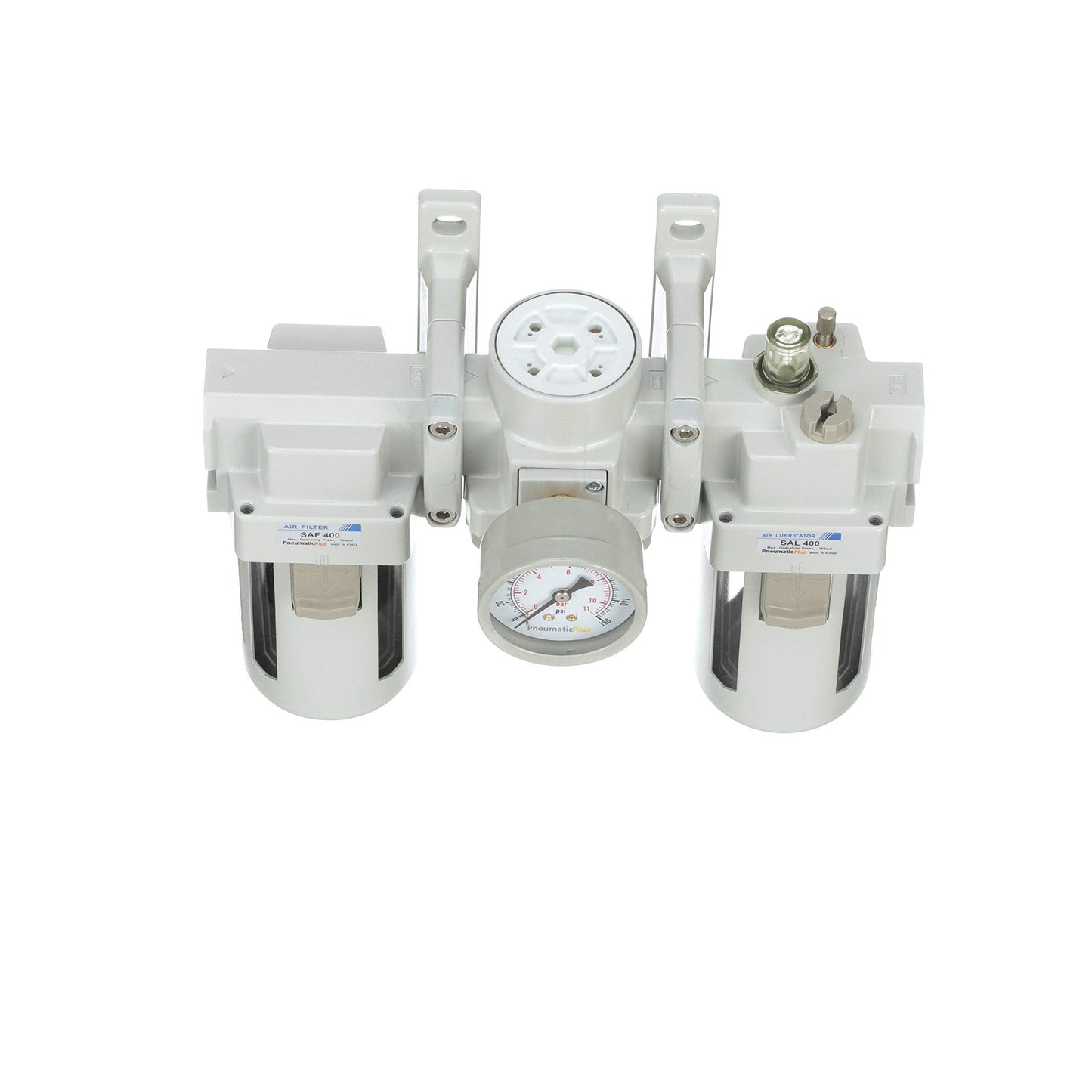 PneumaticPlus SAU400-N04G Compressed Air Filter Regulator Lubricator Combo 1/2" NPT - Poly Bowl, Manual Drain, Bracket, Gauge
