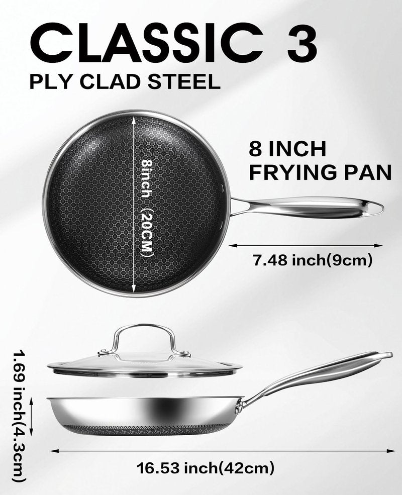 USELUCK Nonstick Frying Pans with Lid,8-Inch Non stick Skillet with Honeycomb Surface,Dishwasher-Friendly,Oven-Safe,PFAS-Free,Compatible with All Cooktops.