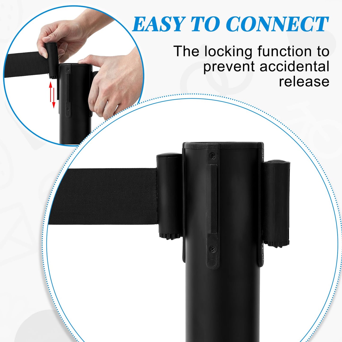 Wonderjune 6 Pcs Crowd Control Stanchions Set Stainless Steel Barrier Post with Dual Retractable Belt 9.8 ft and 1 Sign Holder Crowd Safety Control Barrier Solid Base Easy Connect Assembly