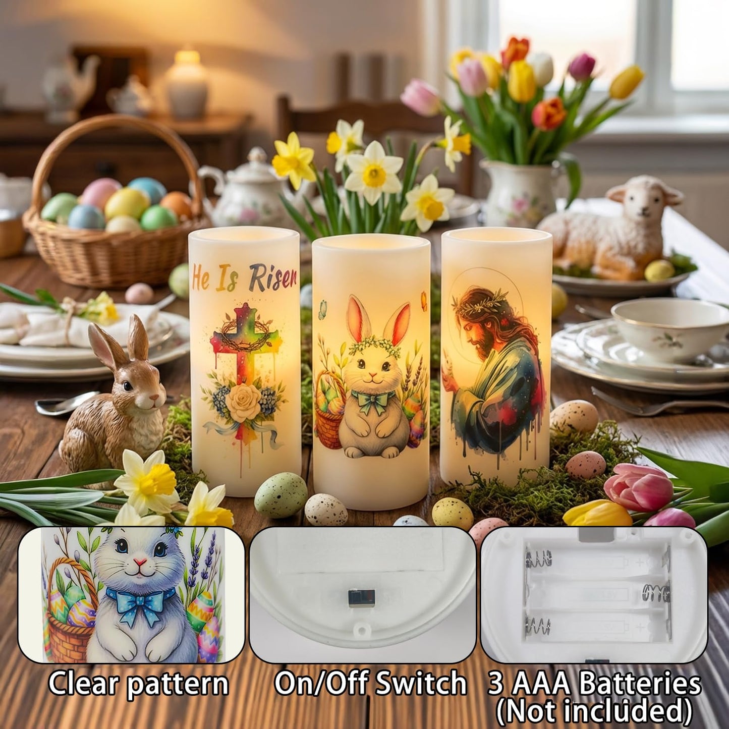 Aulaygo 3PCS Nativity Easter Flameless Candles with Remote Control,Christian Cross Bunny LED Candles for Spring Easter Home Decor