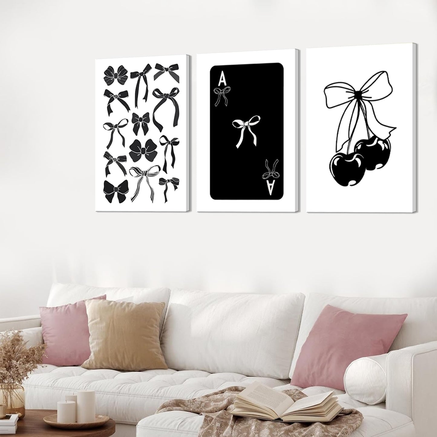 Kyiyhzp 3Pcs Fashion Black White Bow Canvas Wall Art Funky Aesthetic Cherry Poker Picture Painting Trendy Preppy Aesthetic Wall Decor Artwork for Girl Room Dorm Apartment Bedroom Decorations 16x24in