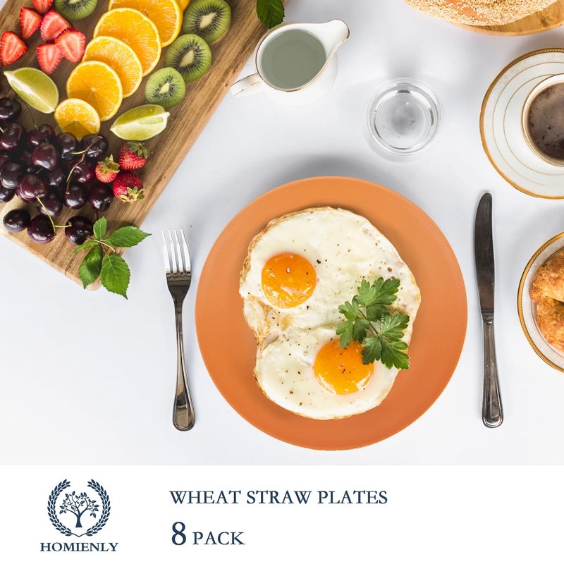 Homienly Flat Dinner Plate Set of 8 - Alternative for Plastic, Microwave and Dishwasher Safe, Wheat Straw Dinnerware for Kitchen, Unbreakable Kids (Orange, 9 Inch), MS 01