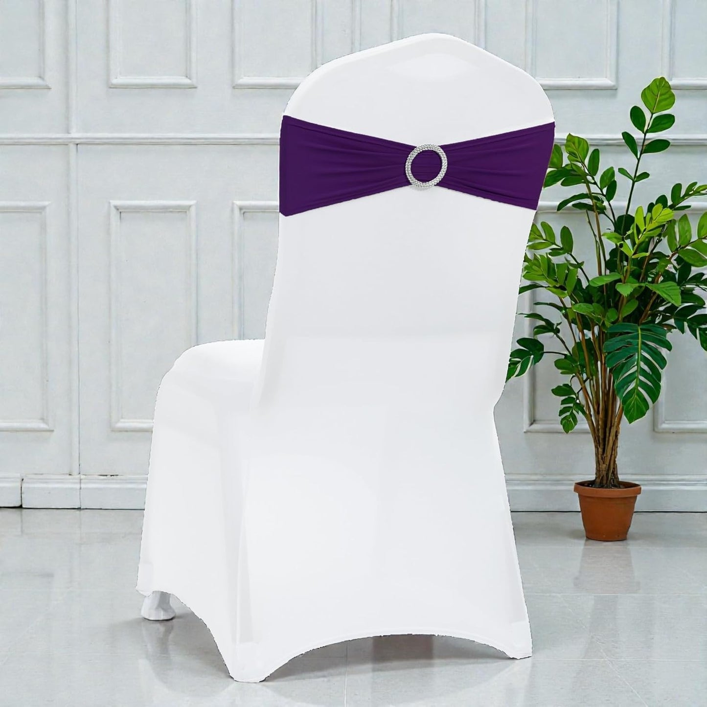 MDS Premium Spandex Chair Sashes - Pack of 10 Stretch Covers with Buckle Slider | Purple for Weddings & Events
