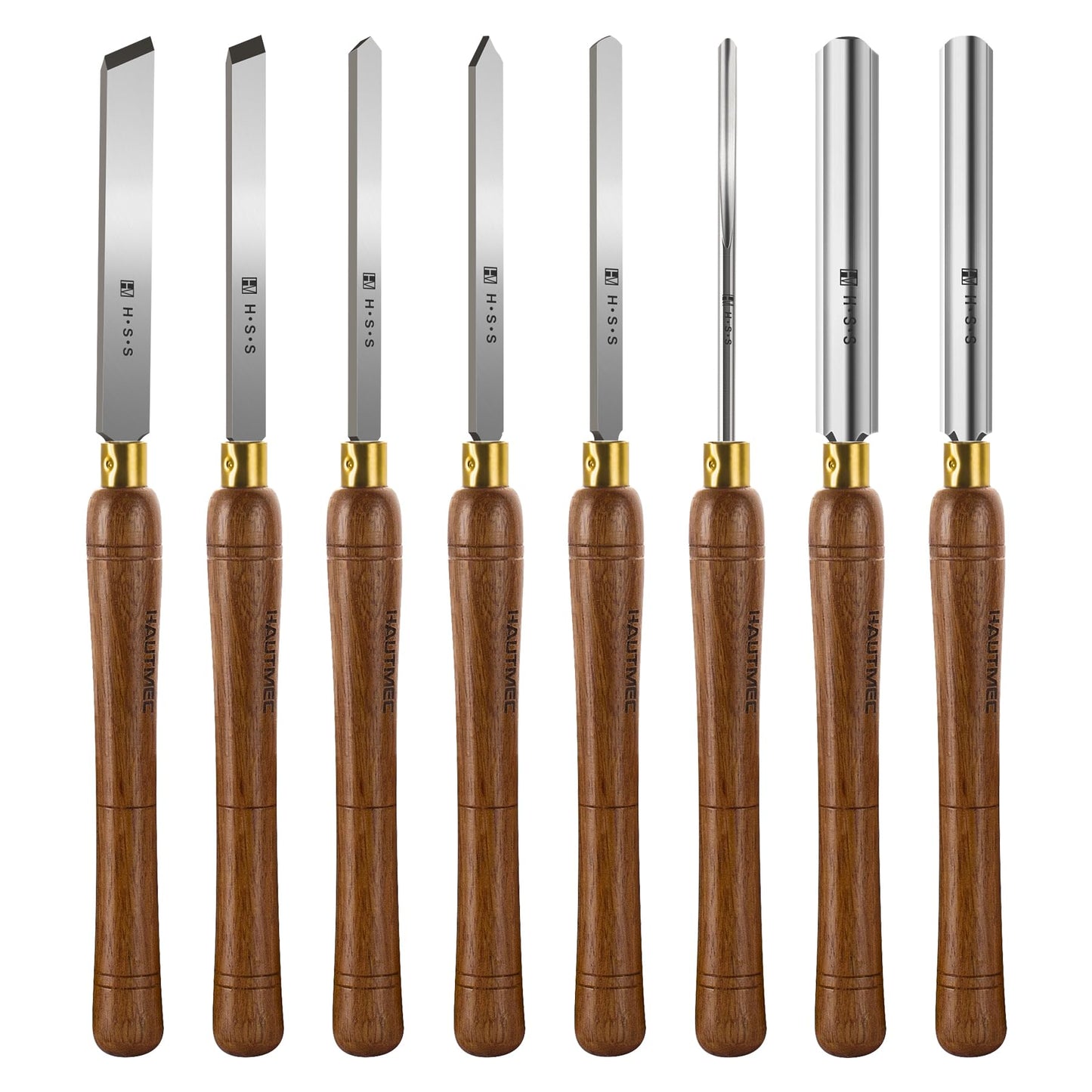 HAUTMEC Expert Wood Lathe Chisel Set 8 PCS, M2 HSS Wood Turning Tools with Teak Handles & Portable Storage Bag, Roughing Gouge, Skew, Parting, Scraper, for Beginners & Professionals - HTWCH25028