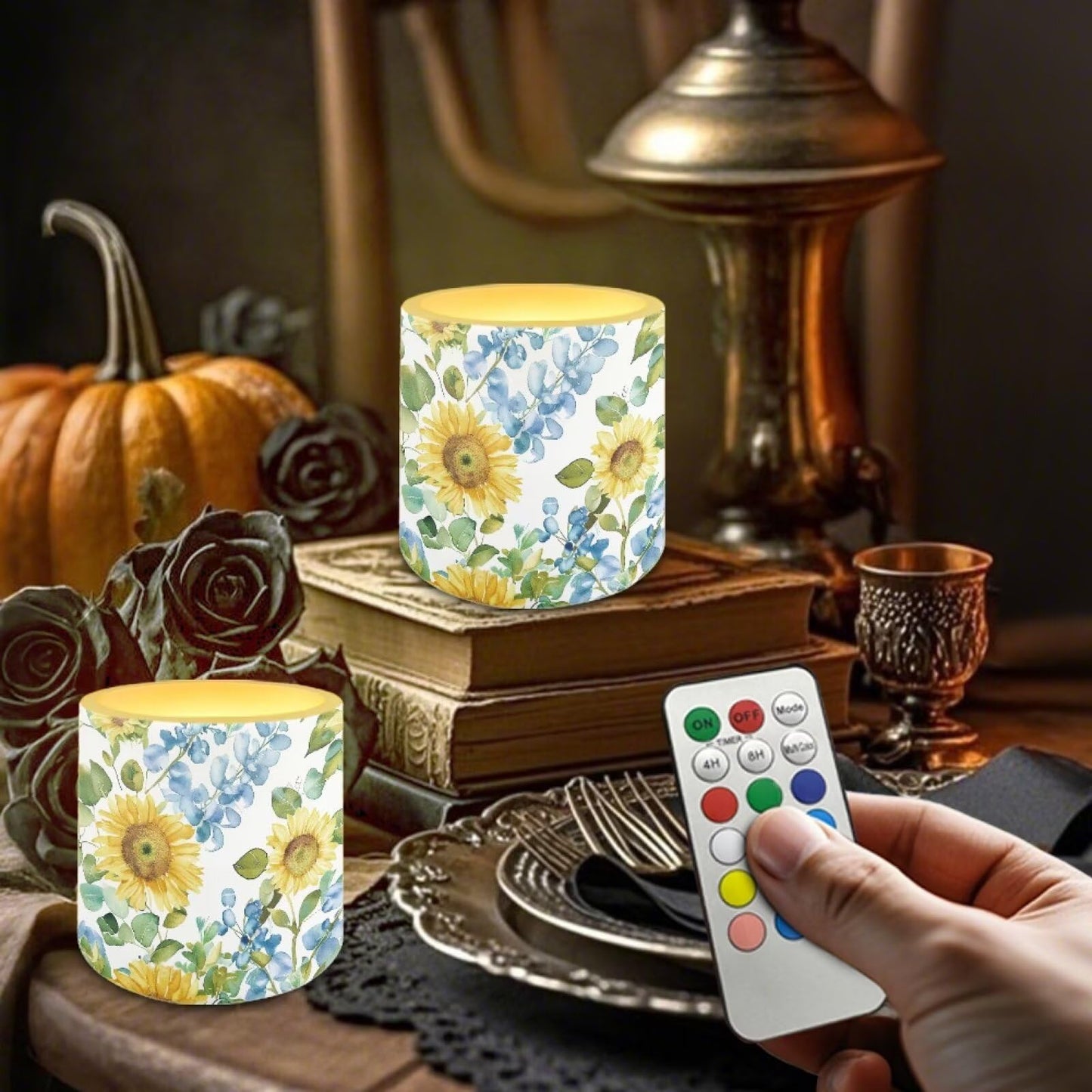Cozeyat Daisy Floral Flameless Candles 4 Pack Battery Operated LED Pillar Candles with Remote Control Timer Waterproof for Indoor Outdoor Patio