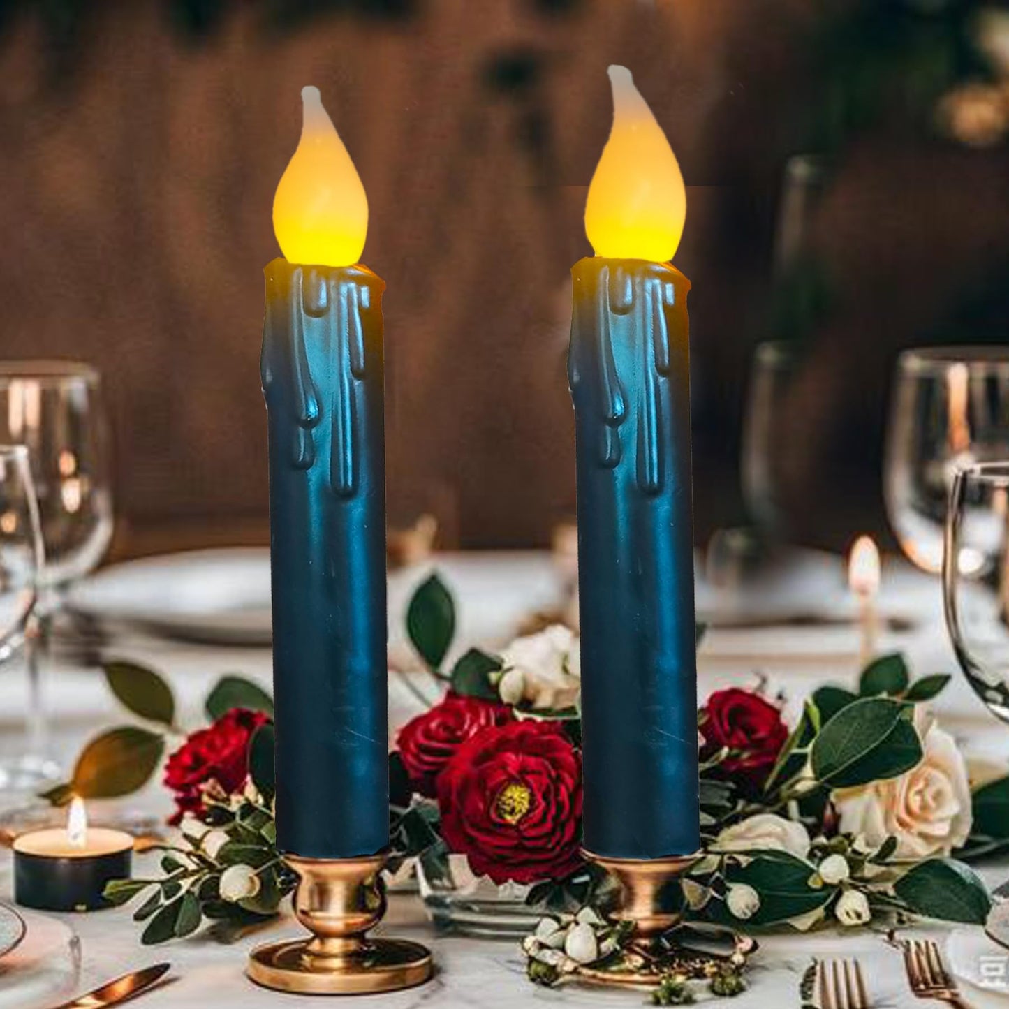 LINCOUNTRY Black Flameless Taper Candles with Timer, Real Wax Set of 2 Battery Operated LED Flickering Candlesticks, 6.75" Halloween Christmas Wedding Fireplace Decor