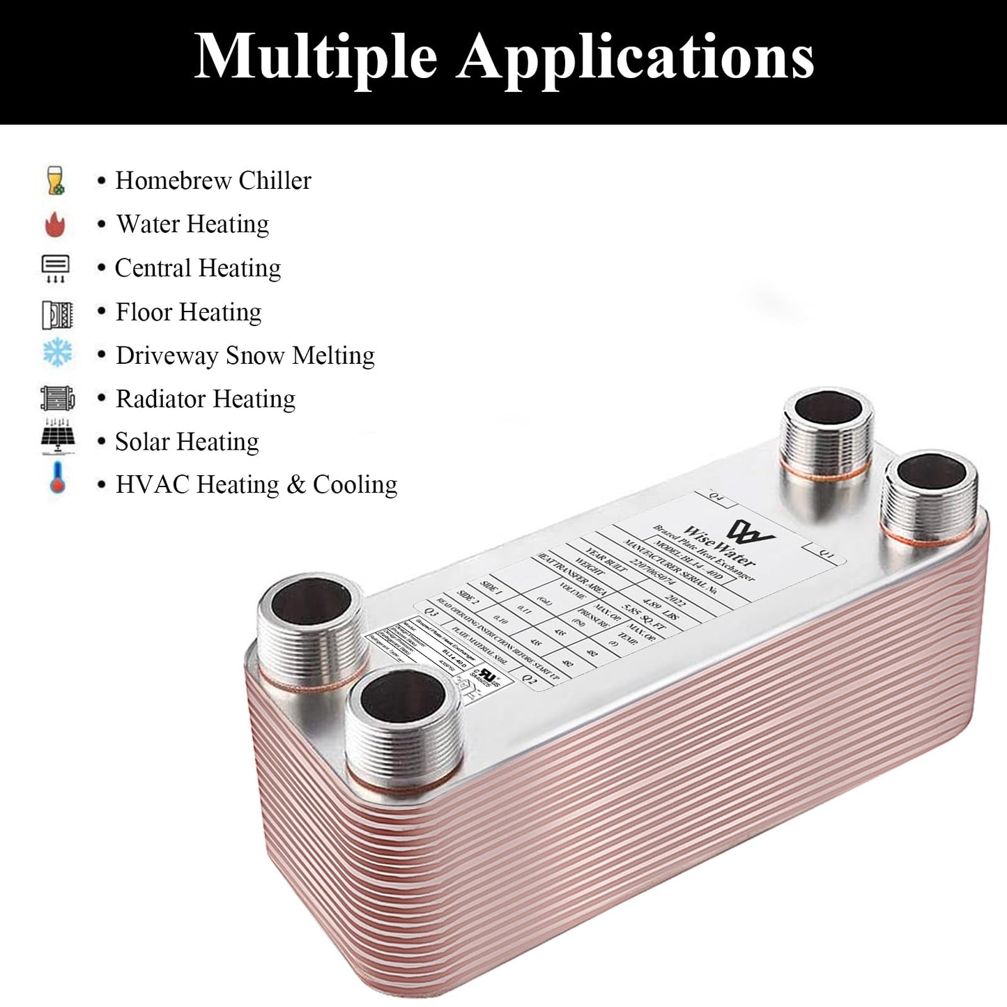 AB Plate Heat Exchanger, 3"x 8" 50 Plates Water To Water Heat Exchanger, Copper/SS316L Stainless Steel Brazed Plate Heat Exchanger For Floor Heating, Water Heating, Snow Melting