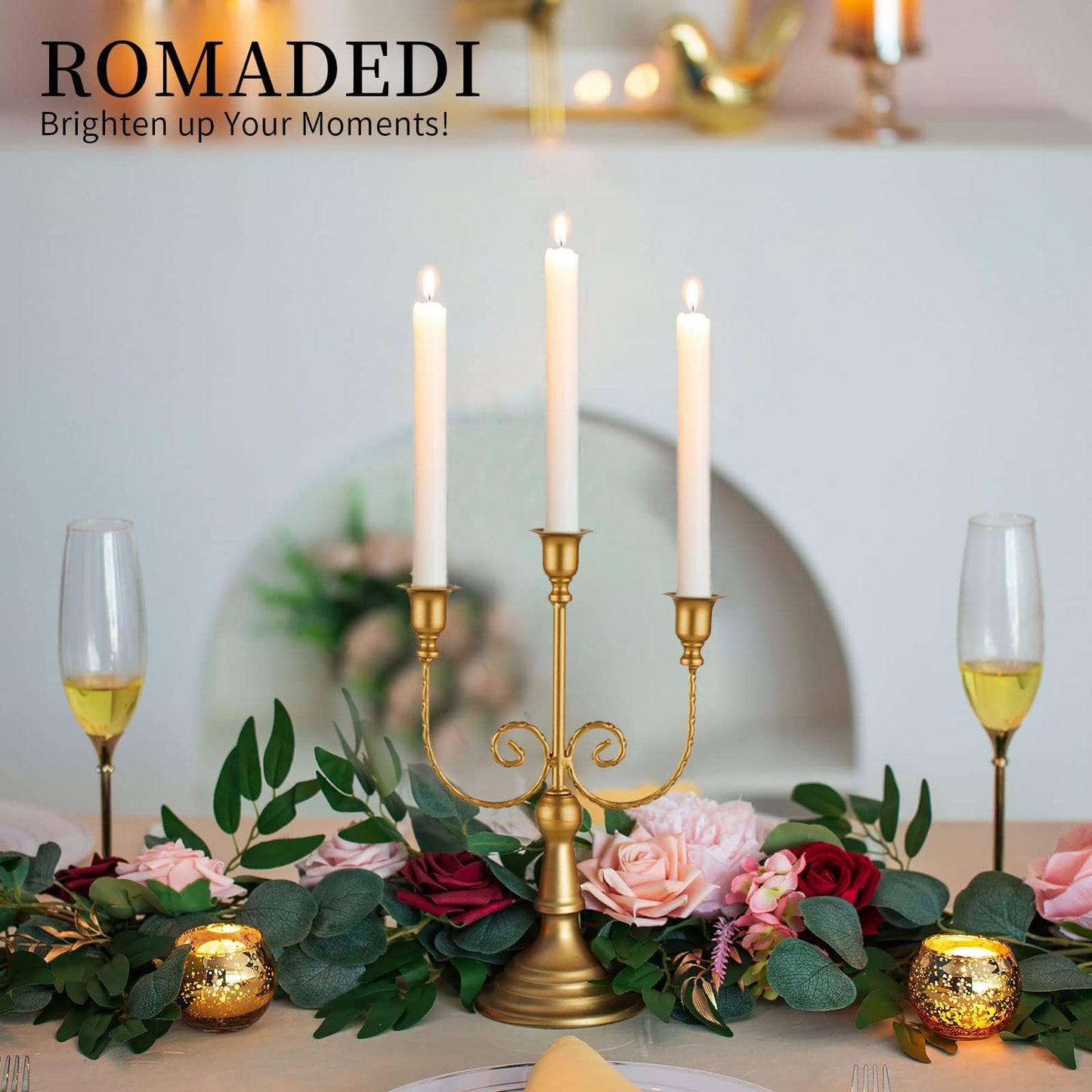Romadedi Candelabra Gold Candle Holders - 3 Arm 11.8" Wedding Candlestick Holder for Theme Party Table Centerpiece Decor Dining Room Birthday Holiday Christmas