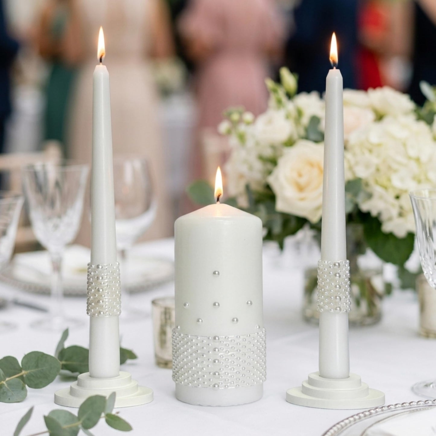 Magik Life Unity Candle Set - Wedding Ceremony & Reception Candle– 6” Pillar & Two 10” Taper Candles – Long Burning Unity Candles for Marriage Ritual – Handmade in USA – White |Pearls| Luxury