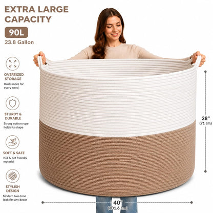 Handmade Large Cotton Rope Storage Basket, Cotton Rope Basket for Blankets, Woven Storage Bin for Bedroom Nursery, Clothes Hamper for Laundry, Large Laundry Hamper, 86L Tall Laundry Basket Blue
