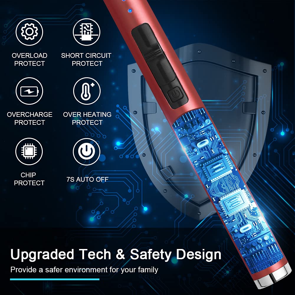 SUPRUS Electric Lighter Candle Type C Rechargeable Lighter with Upgraded LED Battery Display Safety Switch Flameless Plasma Windproof for Candle Cooking BBQs Fireworks (Red)