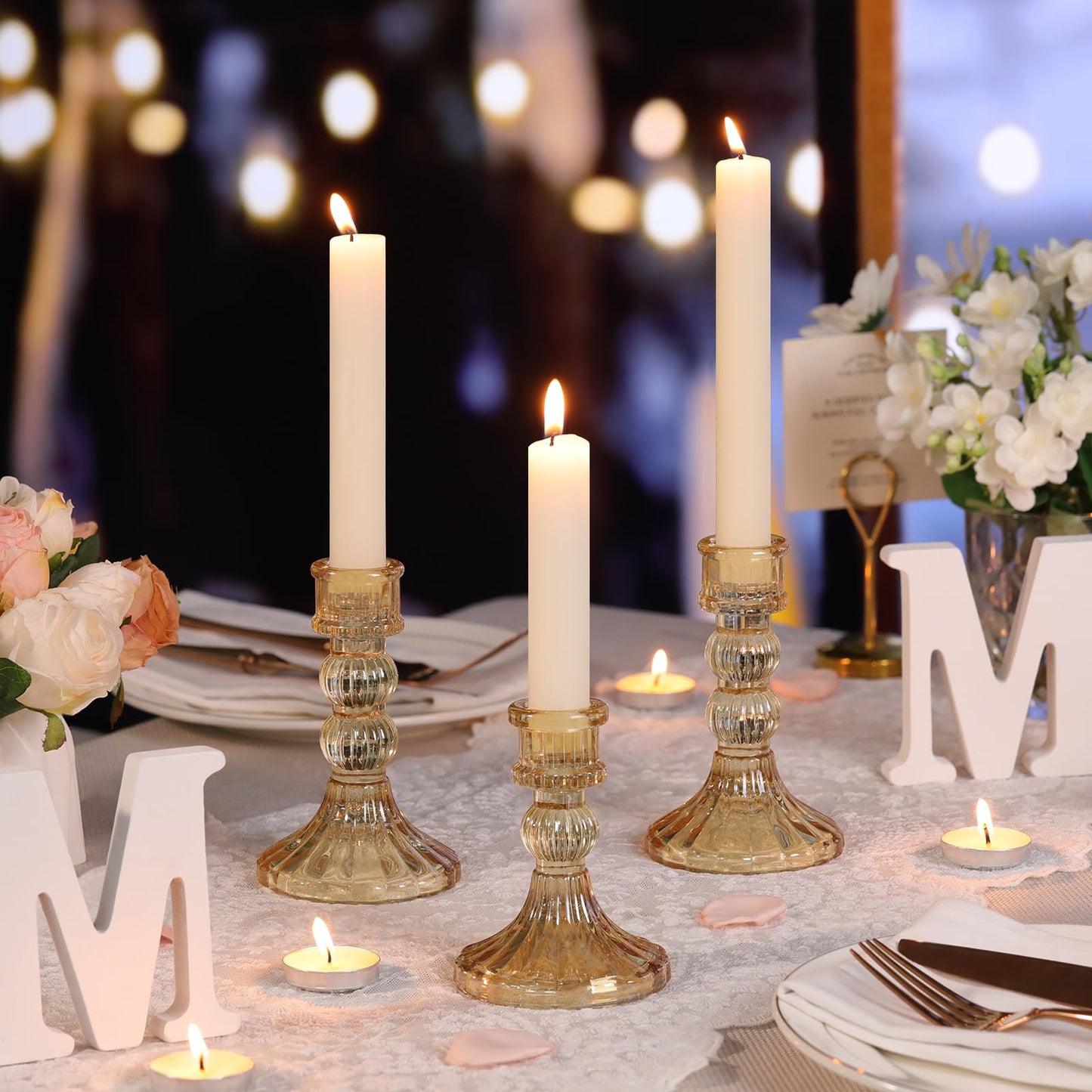 DARJEN 6Pcs Gold Candlestick Holders Set - 4" H & 5" H Striped Taper Candle Holders Bulk, Glass Candle Holders for Wedding, Festival, Party, Table Centerpiece, Gifts