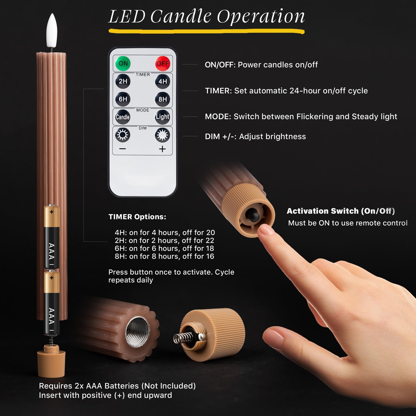 West Ivory 6 Pack, 10" LED Flameless Brown Tan Fluted Ribbed Grooved Taper Candles, Remote & 24h Timer Memory, On/Off Button, Dimmable, Flicker Mode, Battery Operated, Christmas Menorah Wedding